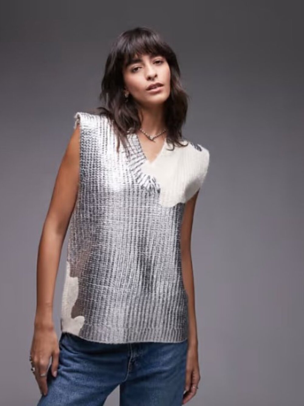 Topshop Metallic Silver & Cream Fuzzy Knit Sweater Vest Size Medium